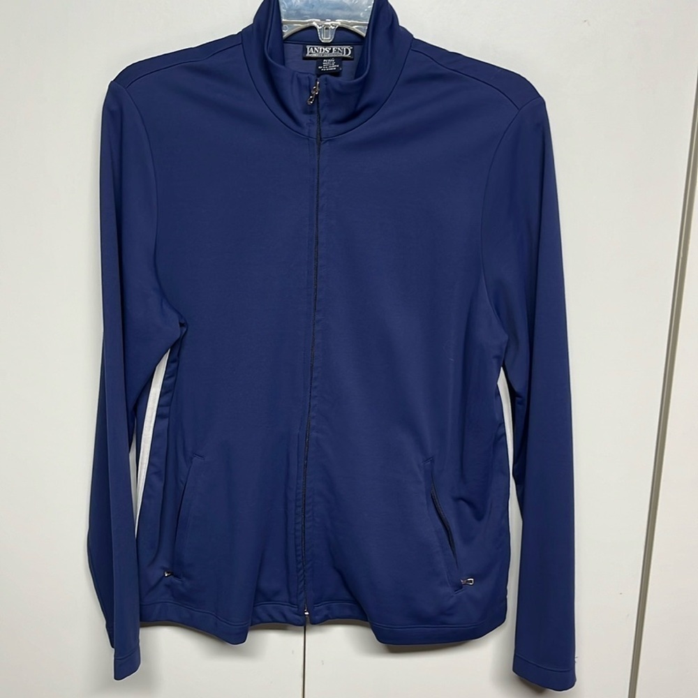 Lands’ End Petite Blue Zip Up Active Jacket White Stripe Lightweight LP 14-16